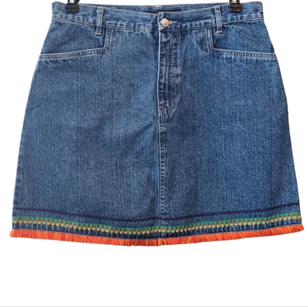 No Excuses Vintage Denim‎ Mini Skirt with Colorful Embroidered Trim Size 13/14